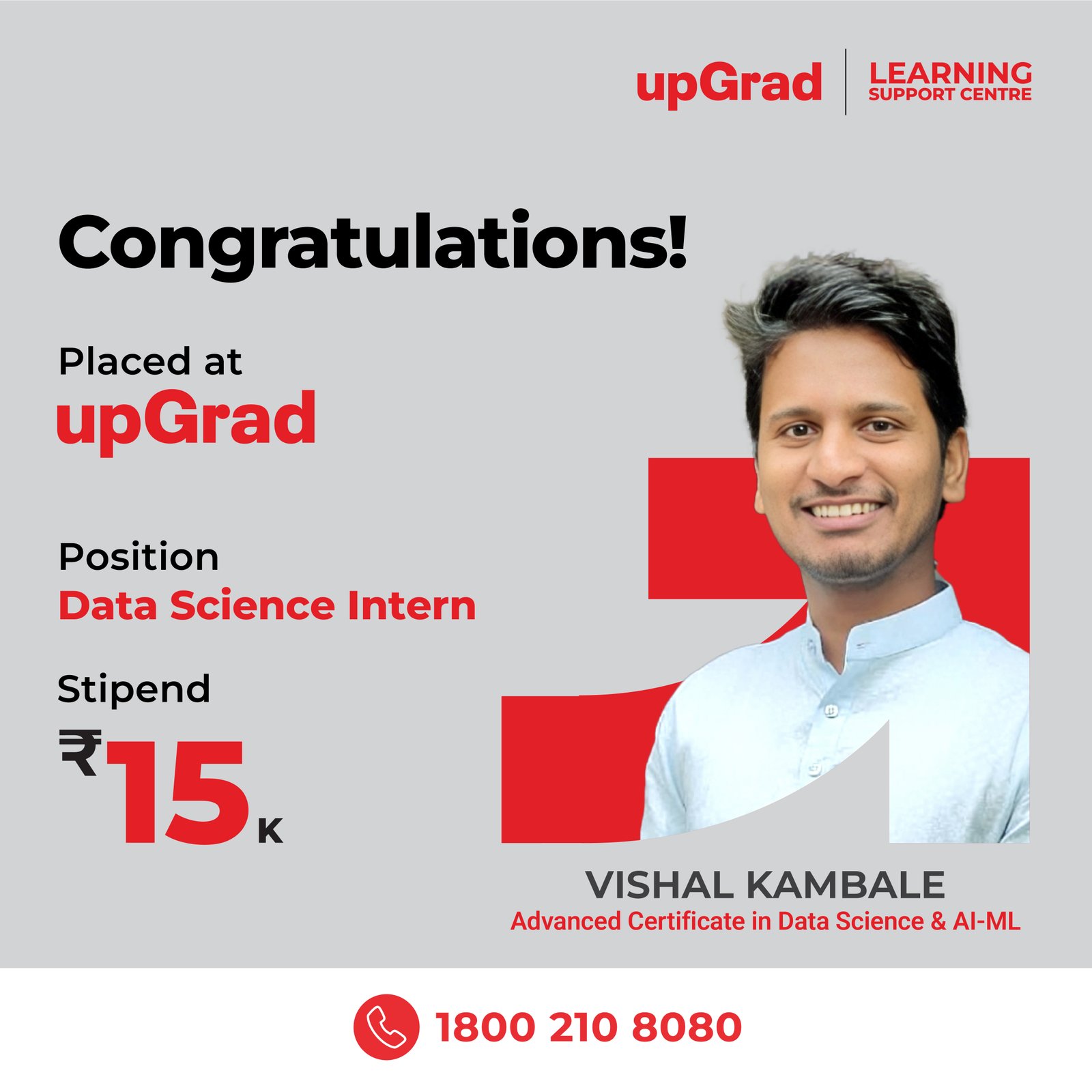 Vishal Kambale placed at upGrad as a Data Science Intern with a stipend of 15K